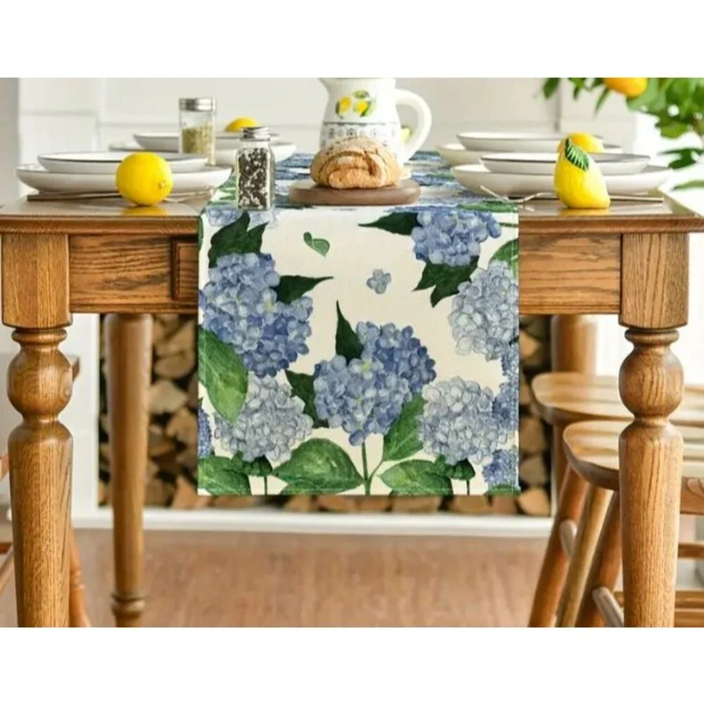 Table Runner 13x72in Blue Hydrangea Country Flowers Woven Polyester NEW